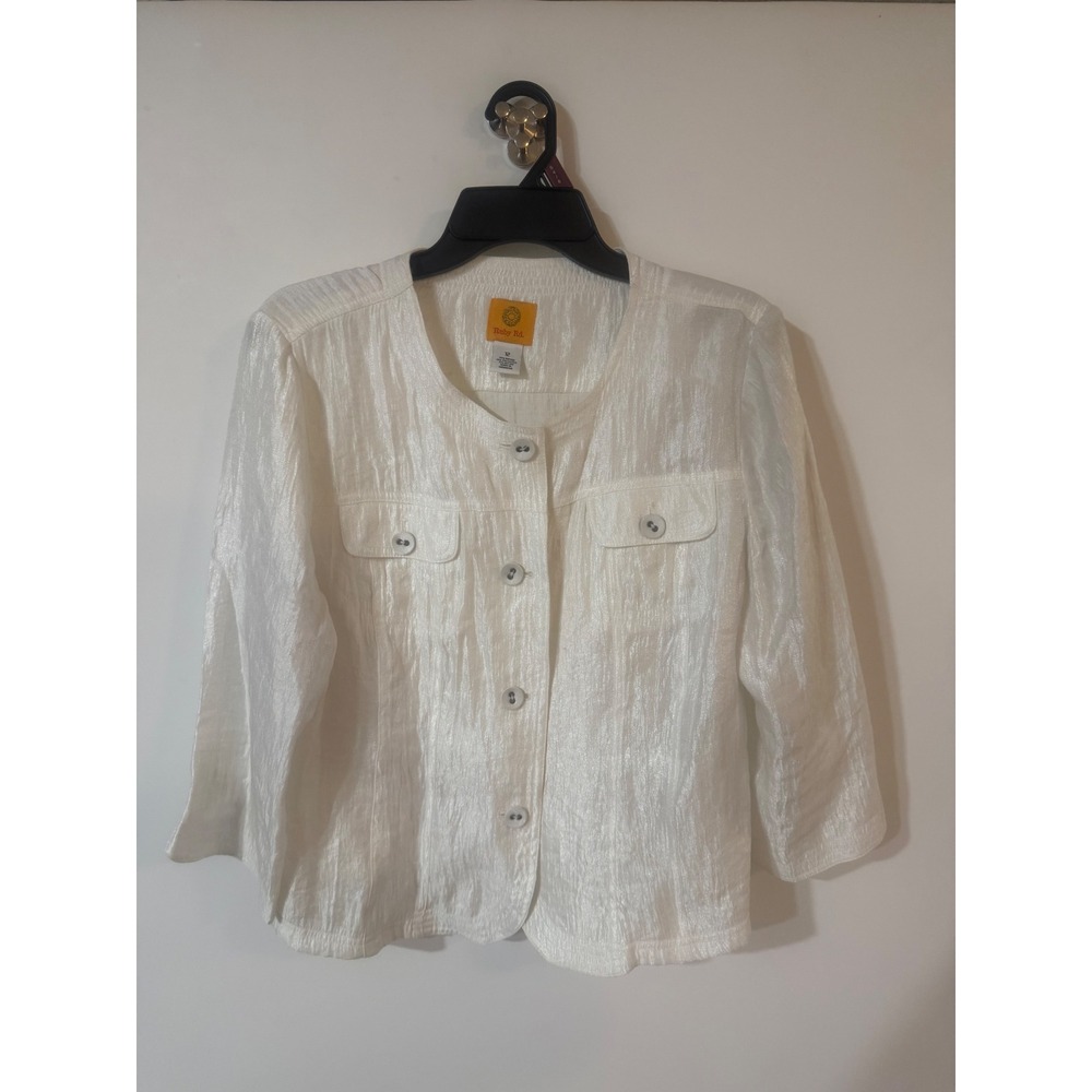 Ruby Rd Womens Ivory Shimmer Textured Button Front Jacket Size 12 3/4 Sleeve